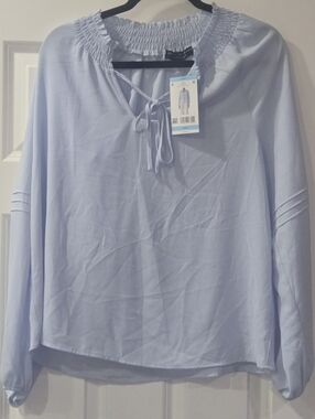 Light Blue Smocked Neck Tie-Front Blouse